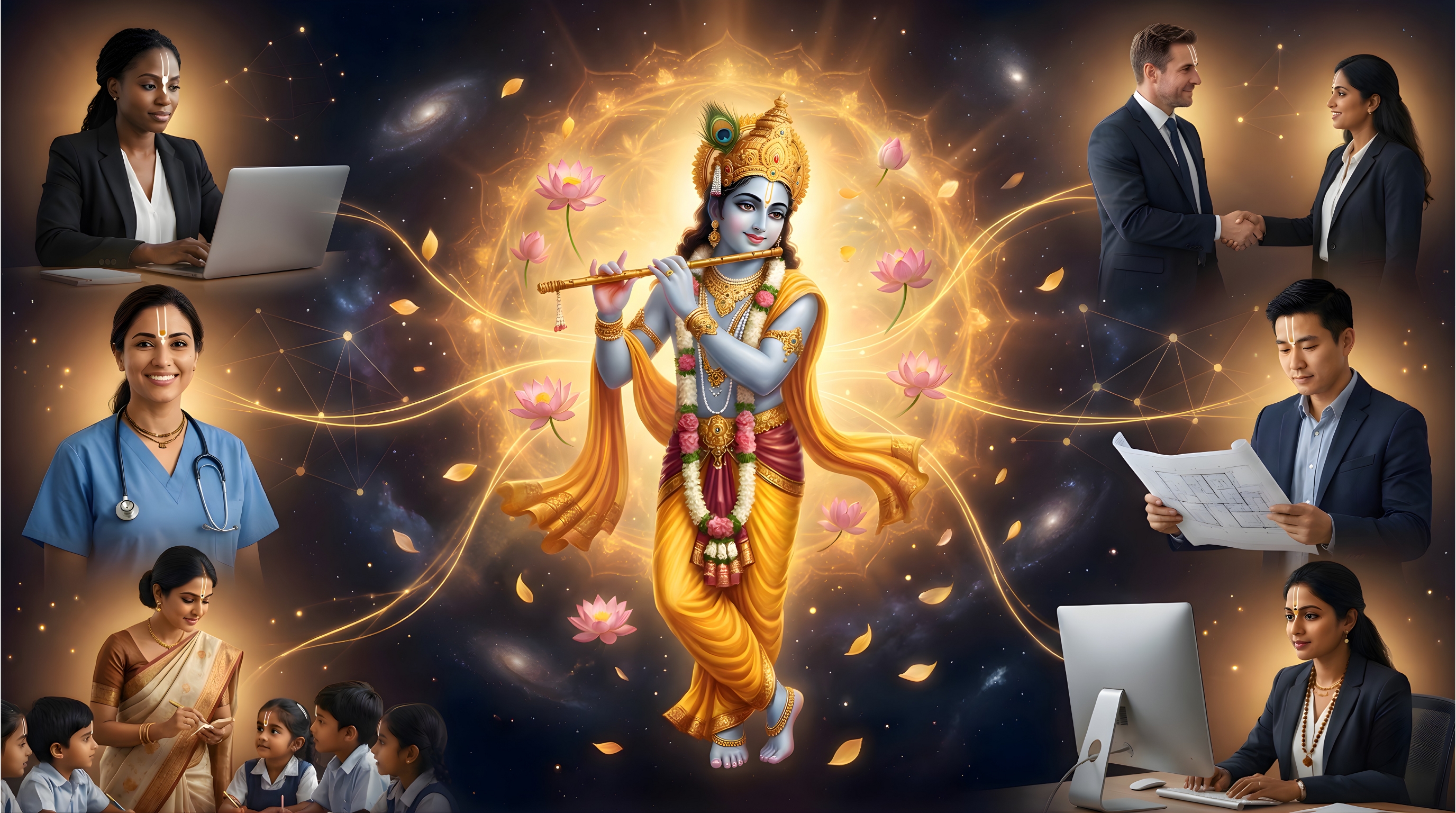 Krishna with devotees in various professions
